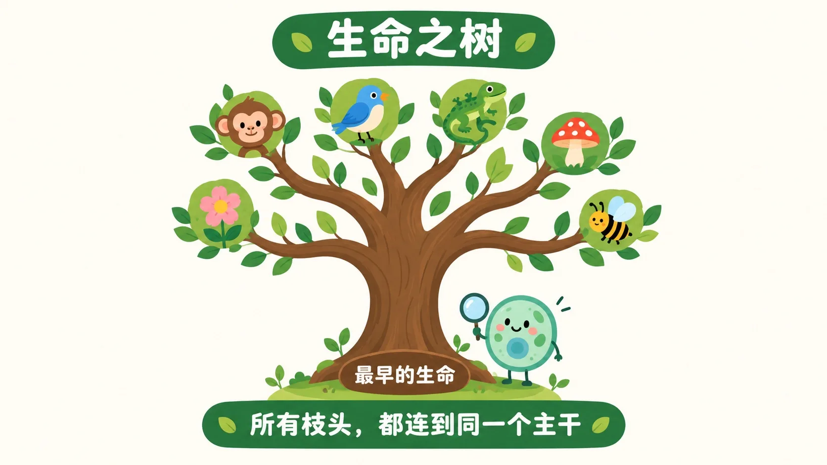 生命之树：一个主干长出许多枝头，枝头是各种生物