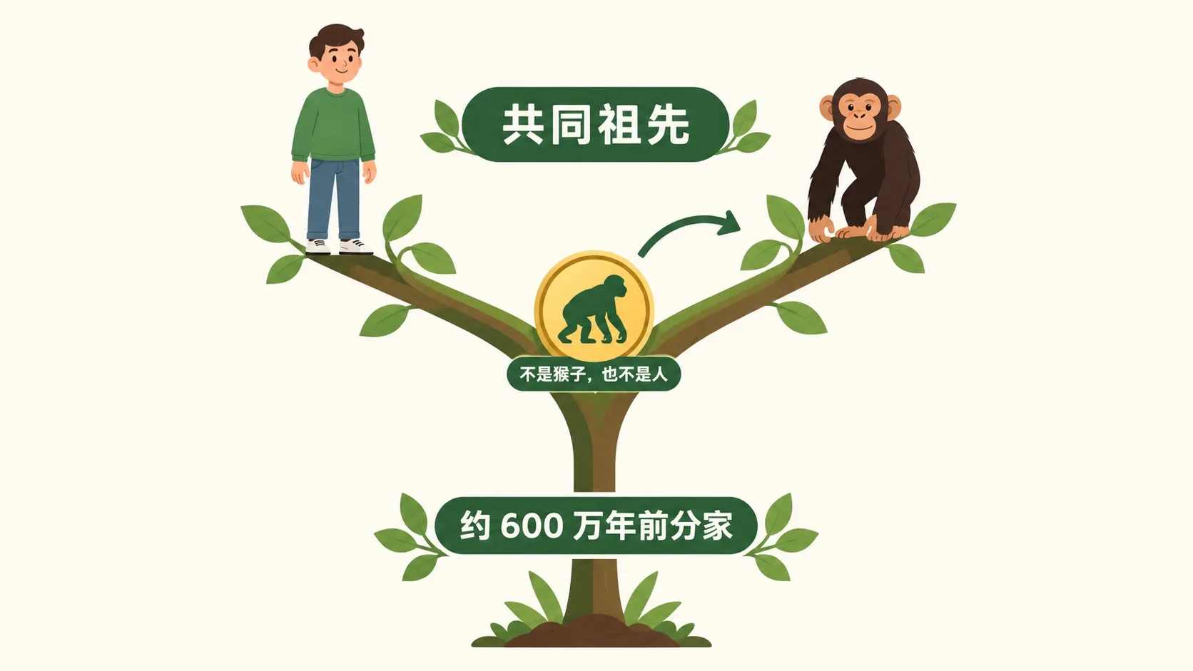 人和黑猩猩的枝条在约 600 万年前汇到同一个分叉点