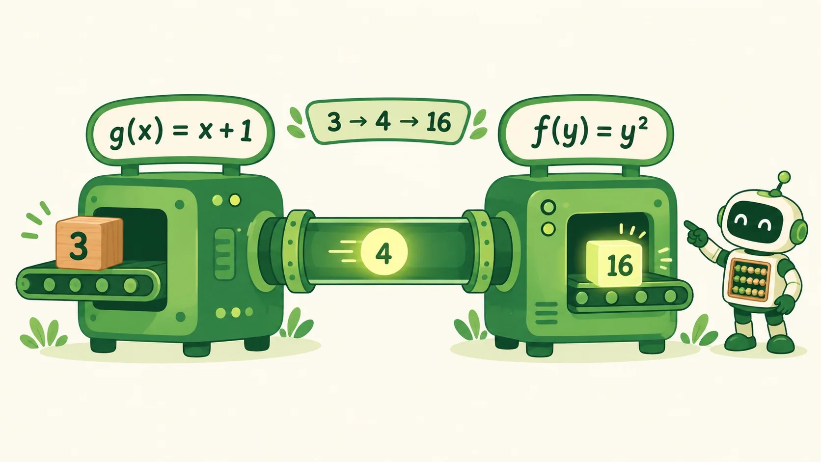 流水线数字演示：3 进 g(x)=x+1 出 4，4 进 f(y)=y² 出 16