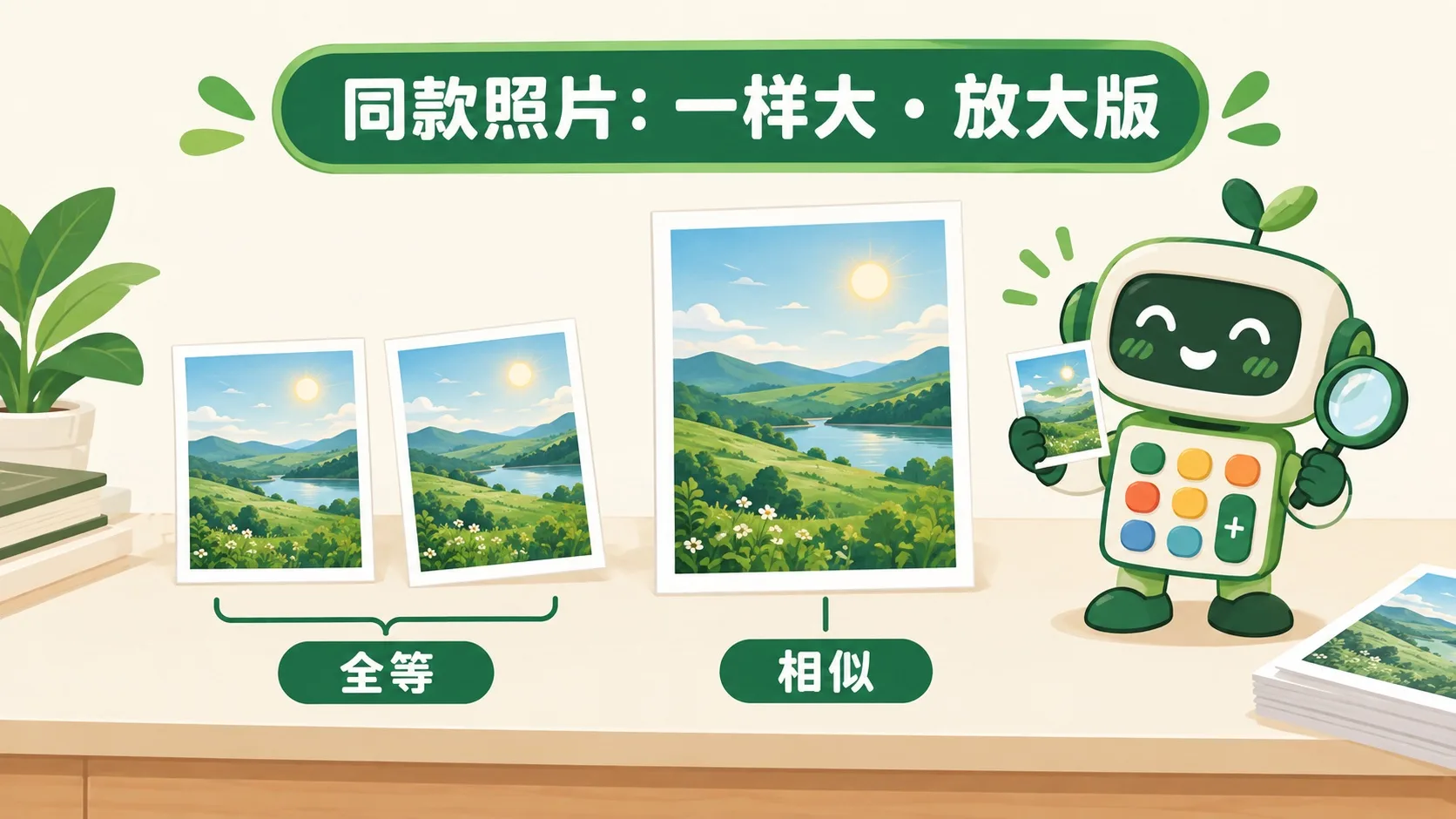 同款照片：全等两份与相似放大版