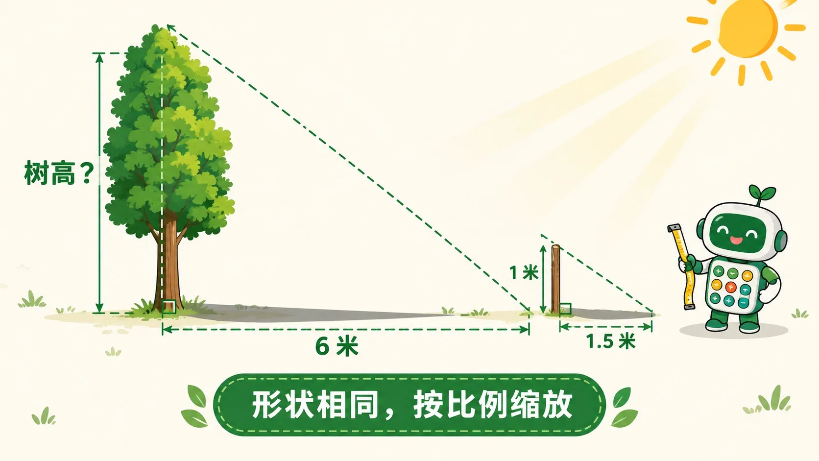 影子测树高：两个相似直角三角形