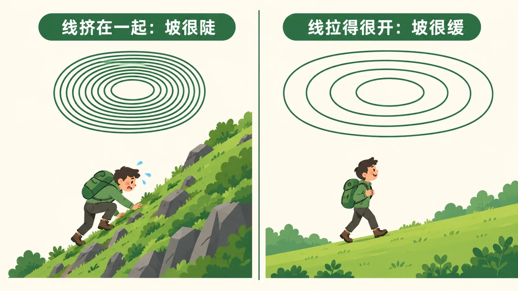 左边等高线密集对应陡坡，右边稀疏对应缓坡