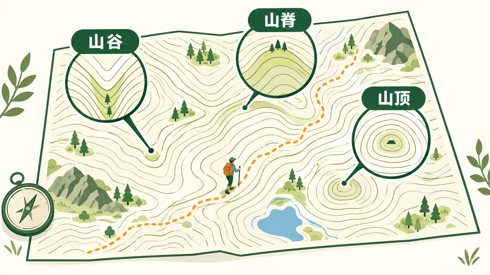 徒步地图上标出山谷、山脊与山顶