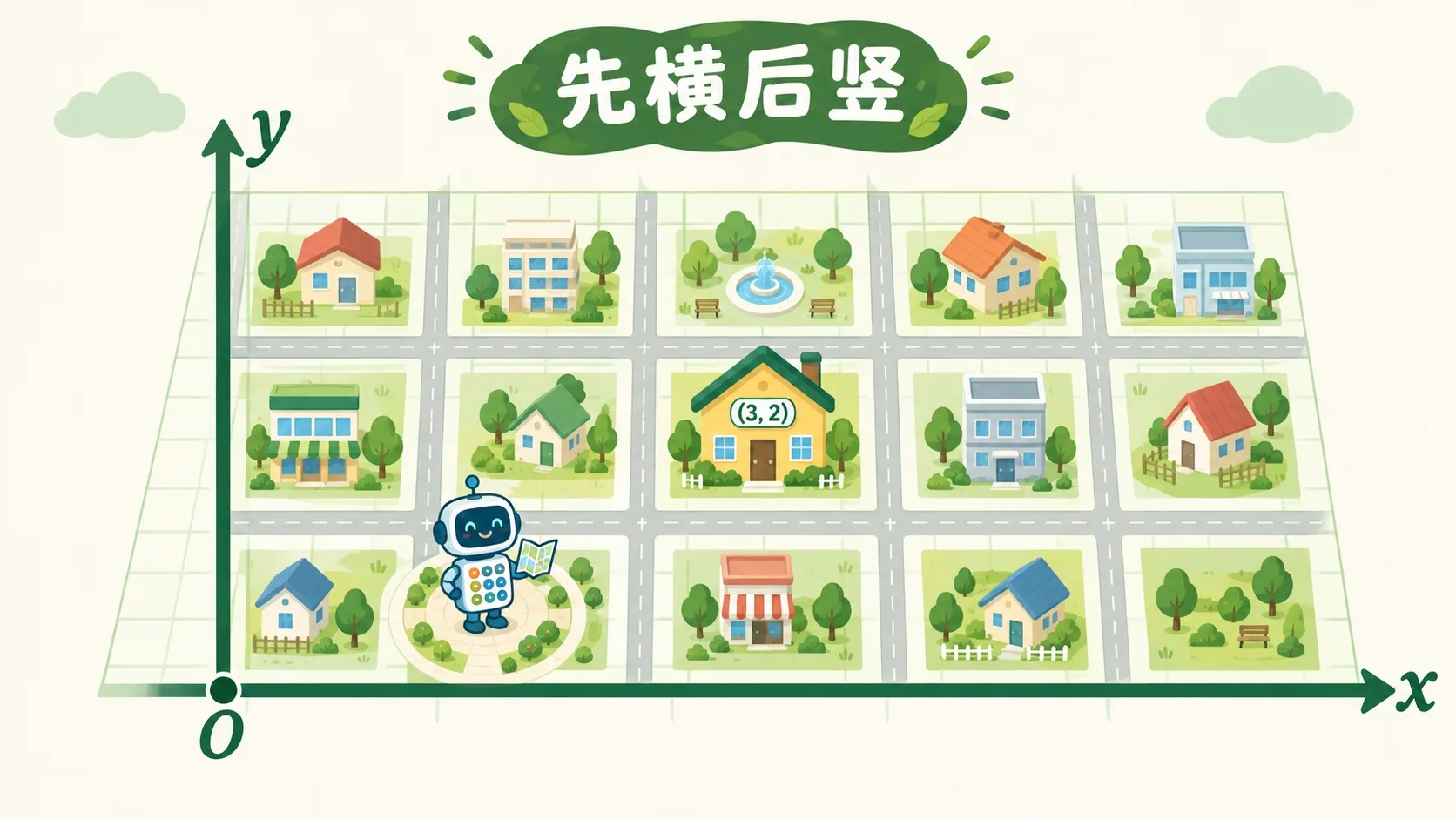 方格城市里，小房子挂着门牌号 (3, 2)，横轴 x、纵轴 y、原点 O
