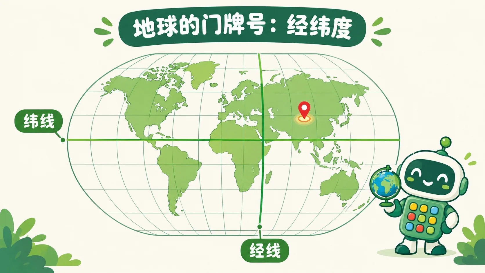 带经纬网的世界地图，纬线、经线与定位大头针