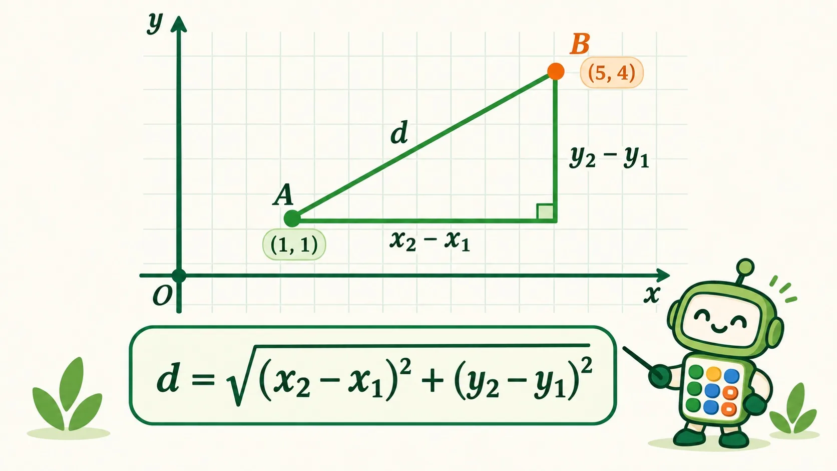 直角三角形两条直角边 x₂ − x₁、y₂ − y₁ 与斜边 d，以及距离公式