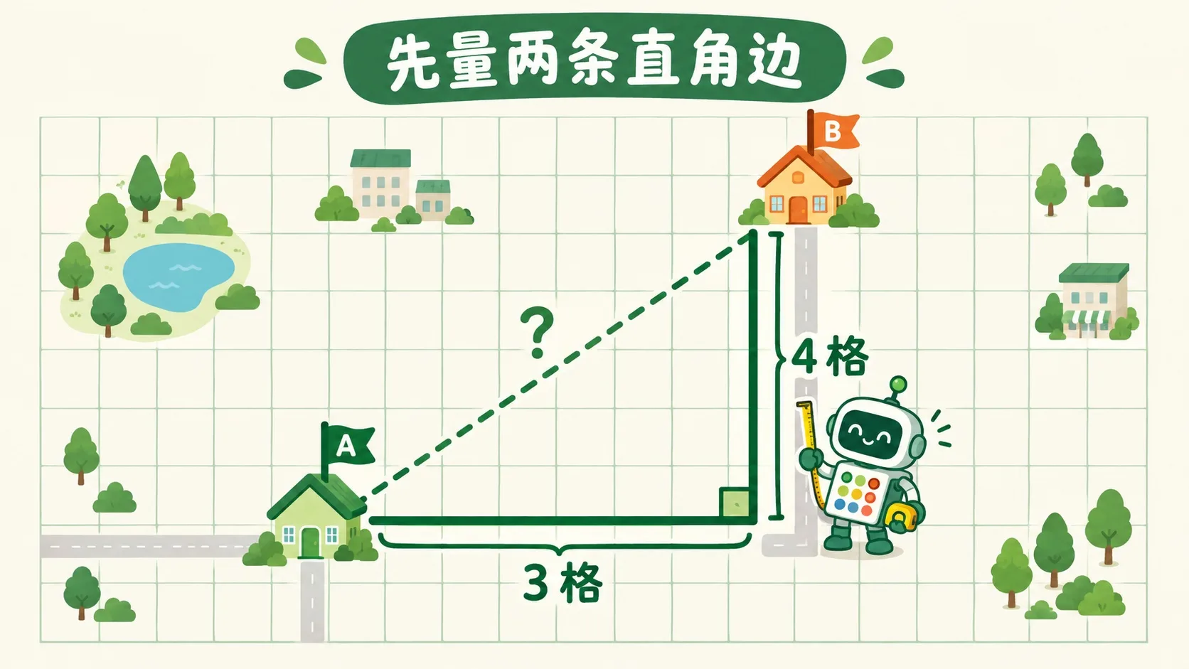 方格城市里 A 到 B 的直角三角形：横 3 格、竖 4 格、斜边是问号