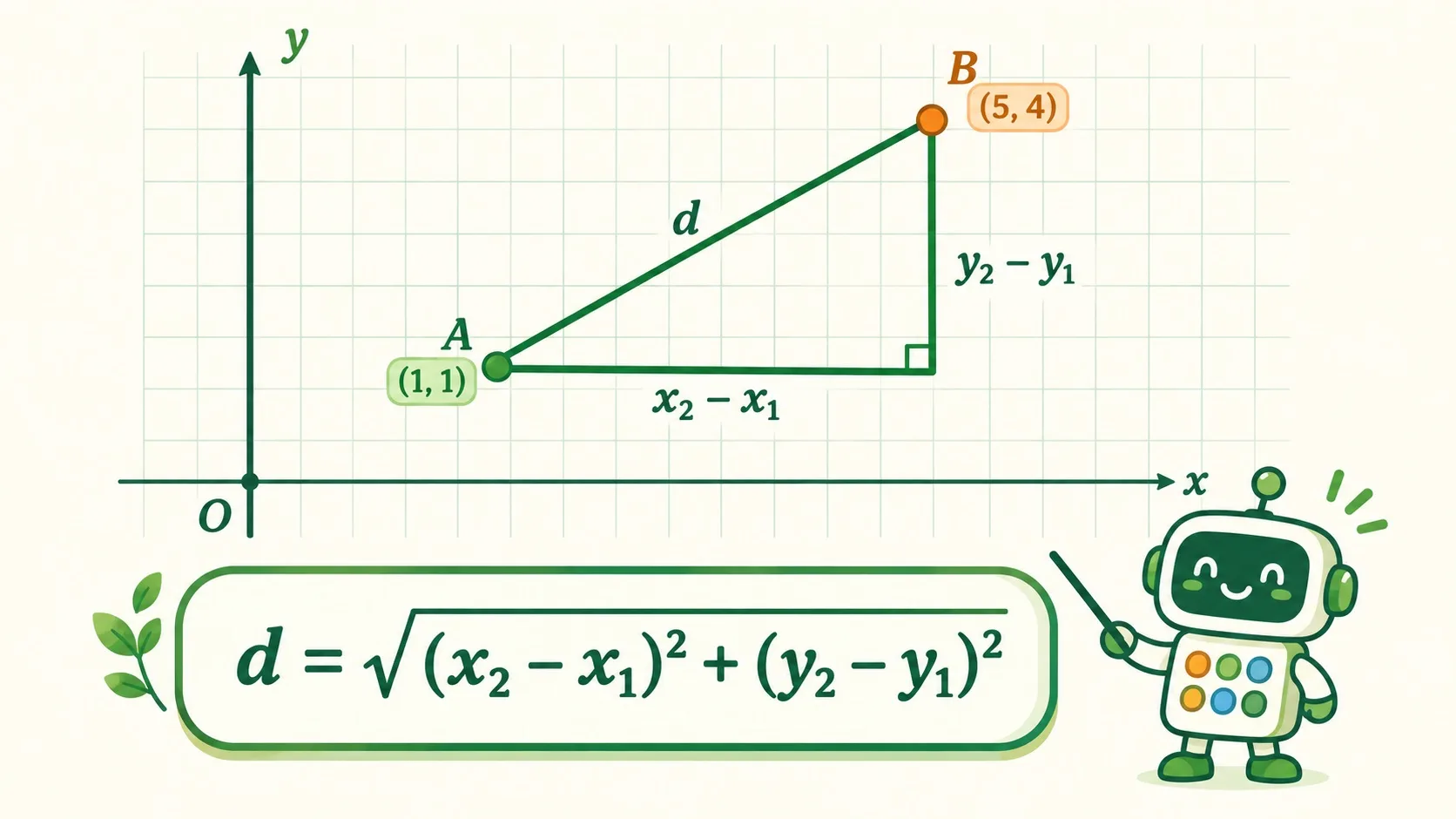 直角三角形两条直角边 x₂ − x₁、y₂ − y₁ 与斜边 d，以及距离公式