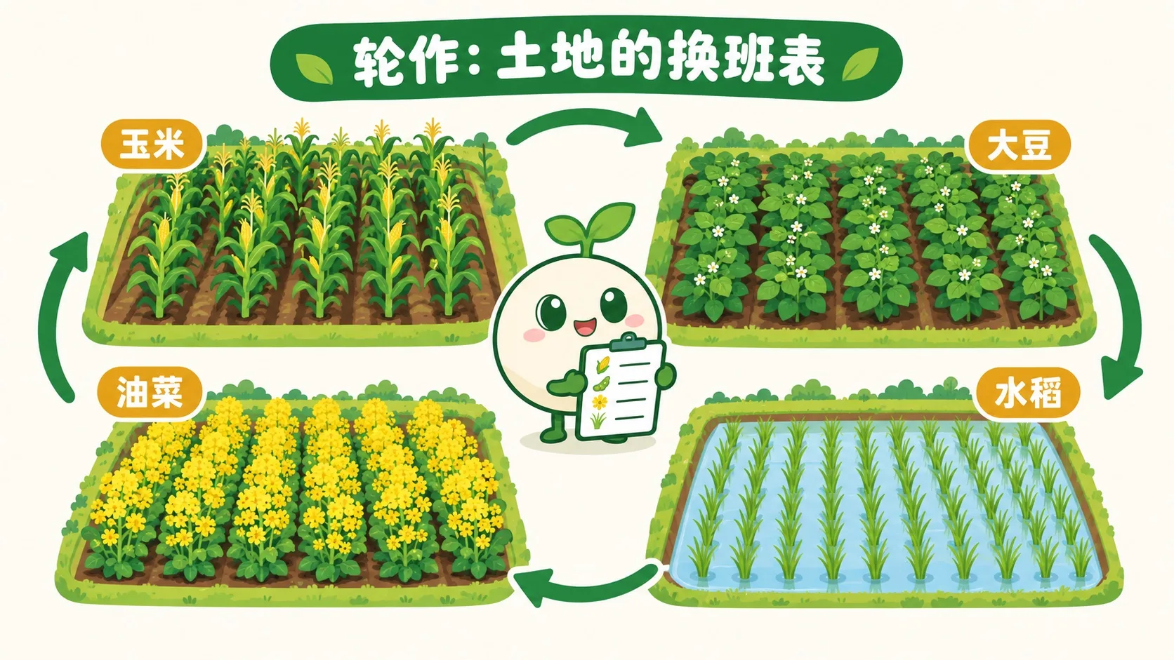 四块田四色轮换：玉米、大豆、油菜、水稻