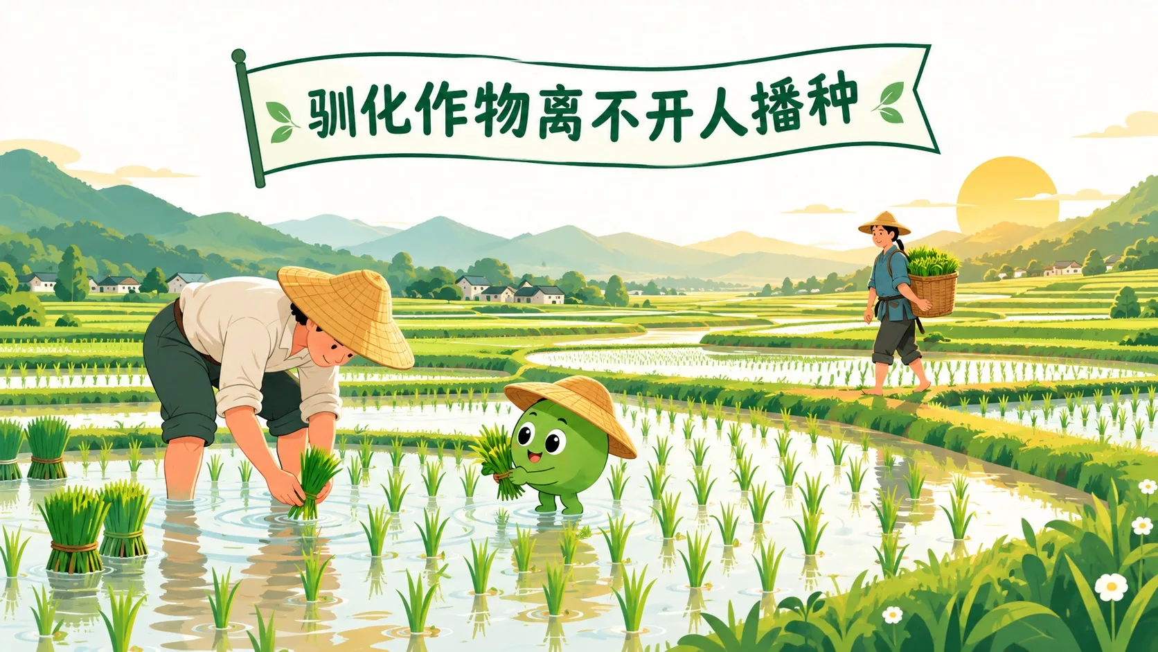 稻田全景：农民插秧