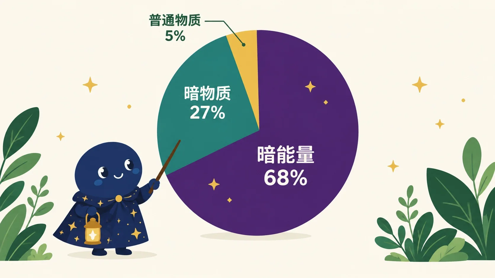 宇宙成分饼图：暗能量68%、暗物质27%、普通物质5%