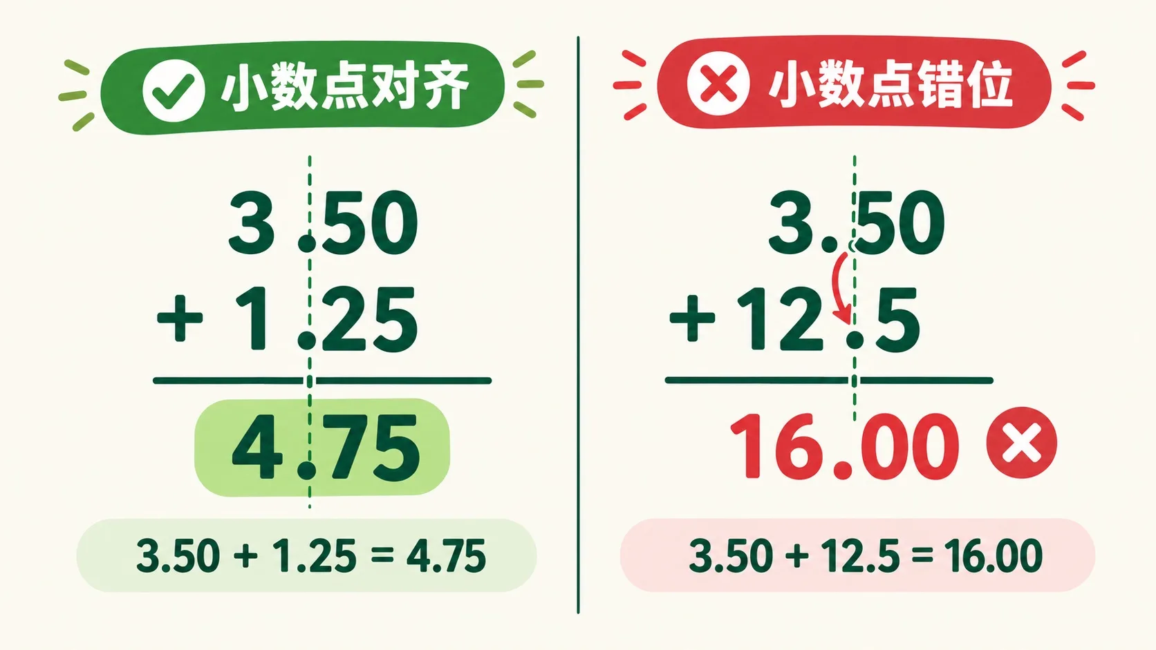 小数点对齐与错位的对比