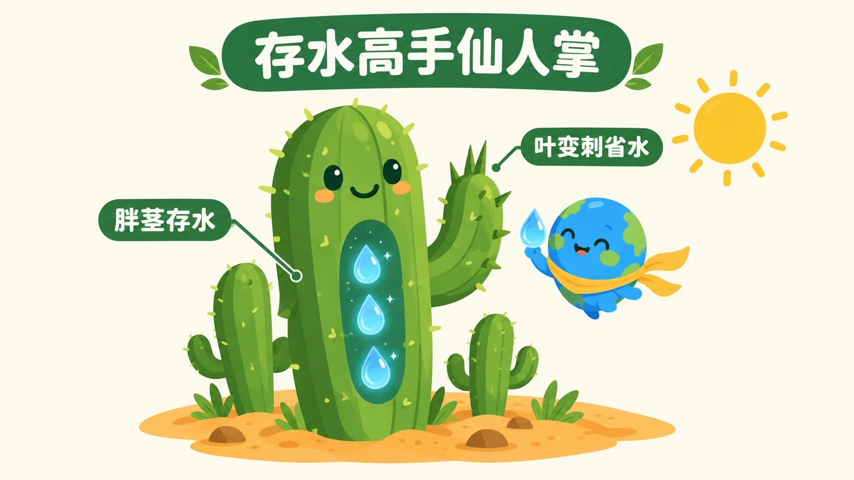 仙人掌存水：胖茎存水、叶子变刺省水