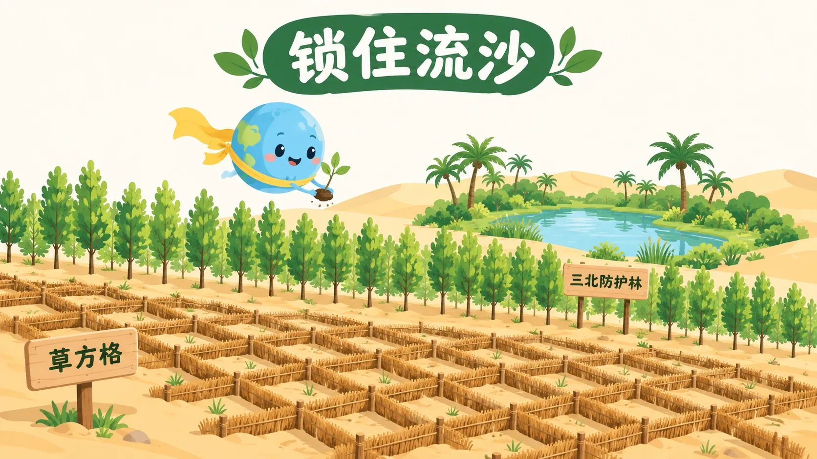 治沙：草方格加三北防护林锁住流沙