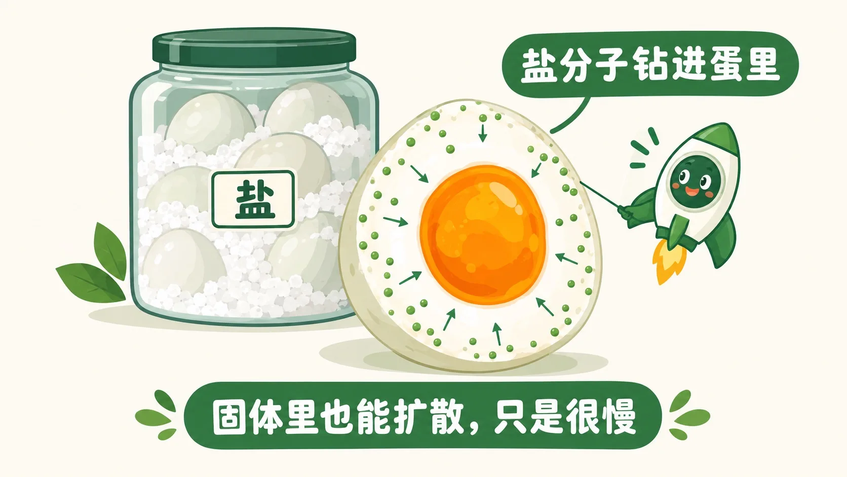 腌咸蛋：盐分子慢慢钻进蛋里