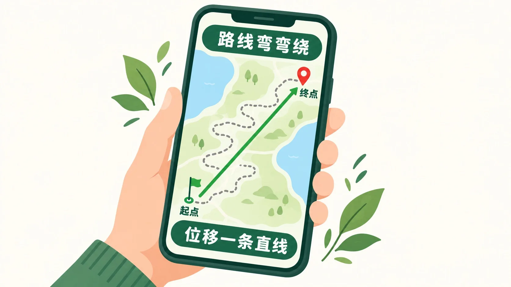 导航地图：路线弯弯绕，位移是一条直线