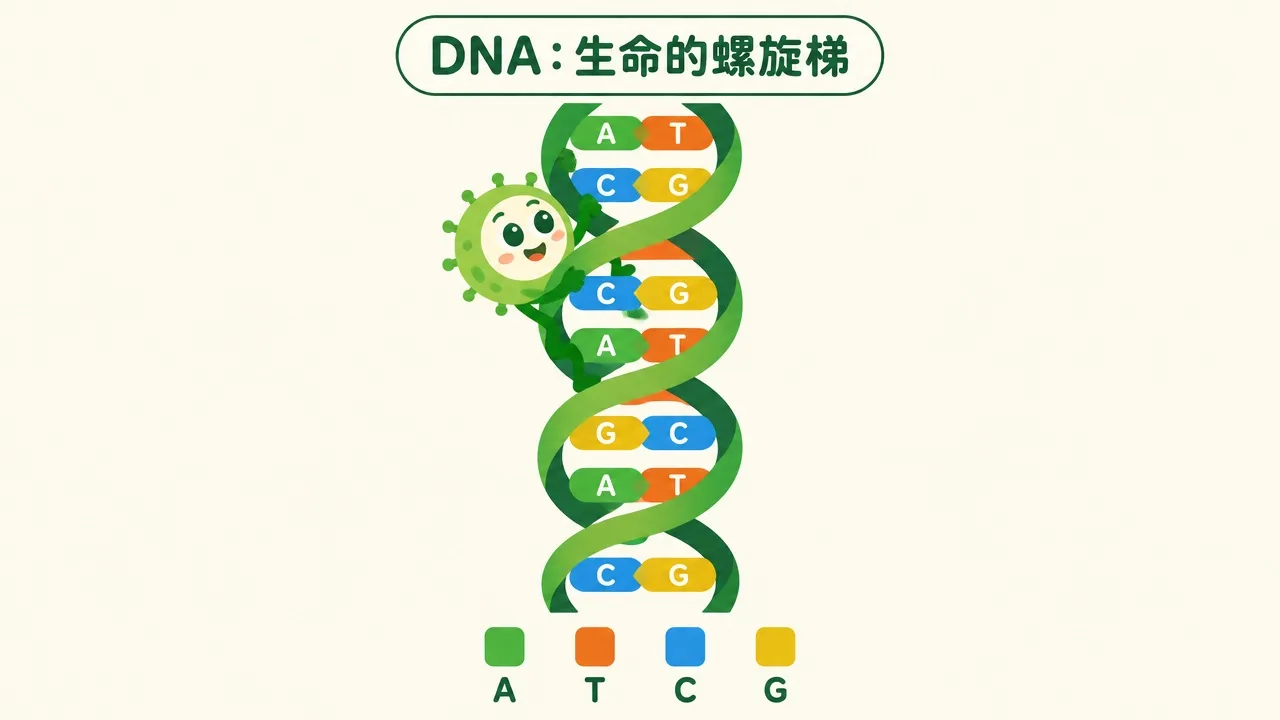 DNA 双螺旋像一架拧过的绳梯，横档是四种彩色碱基