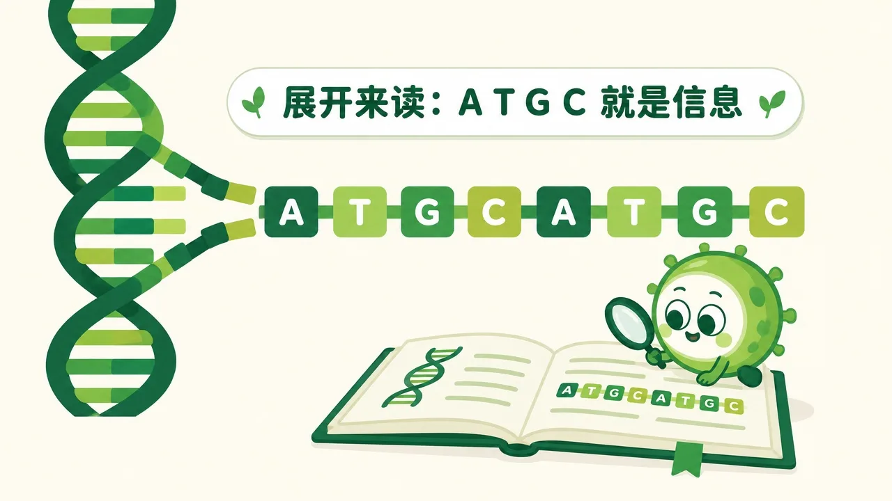 DNA 螺旋展开成一串字母序列，顺序就是信息