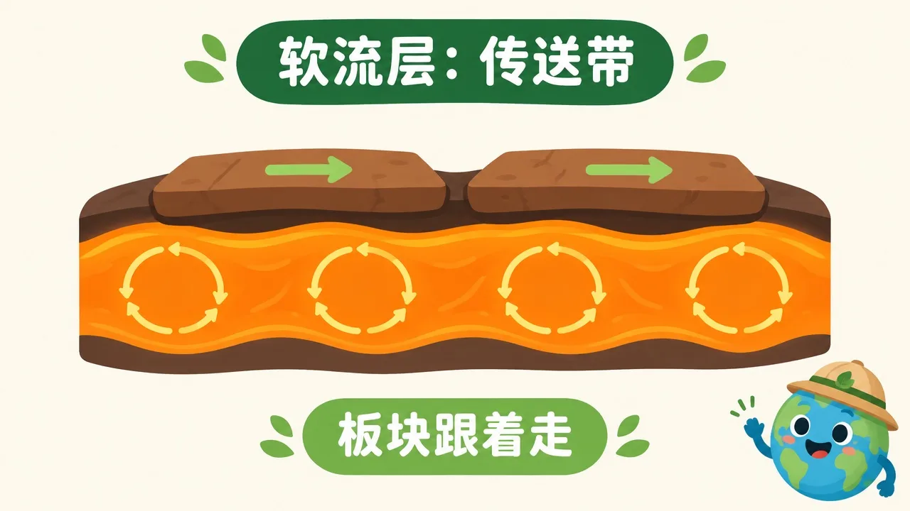 软流层像传送带驮着板块走