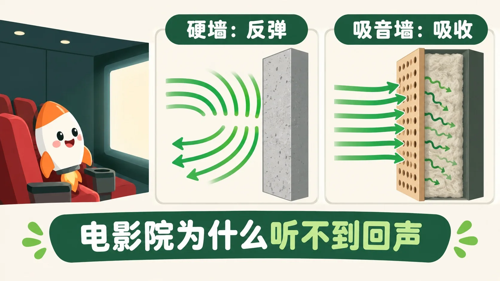 吸音墙剖面：多孔材料把声波吸进去，硬墙则把声波反弹