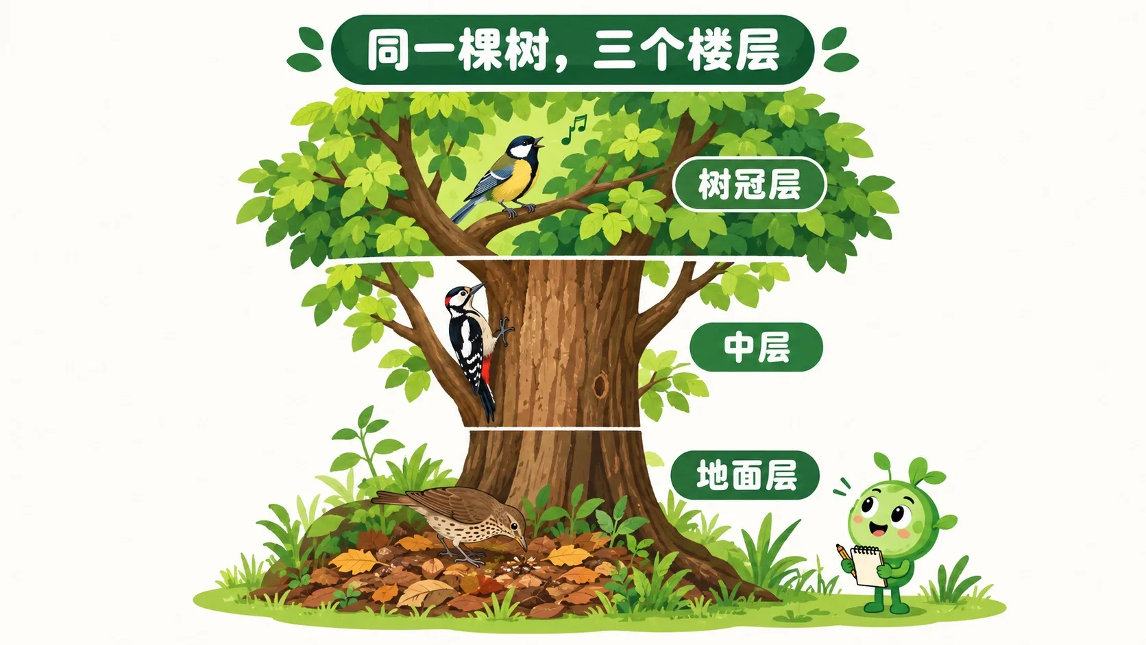 同一棵树三层楼：树冠层、中层、地面层各住着不同的鸟