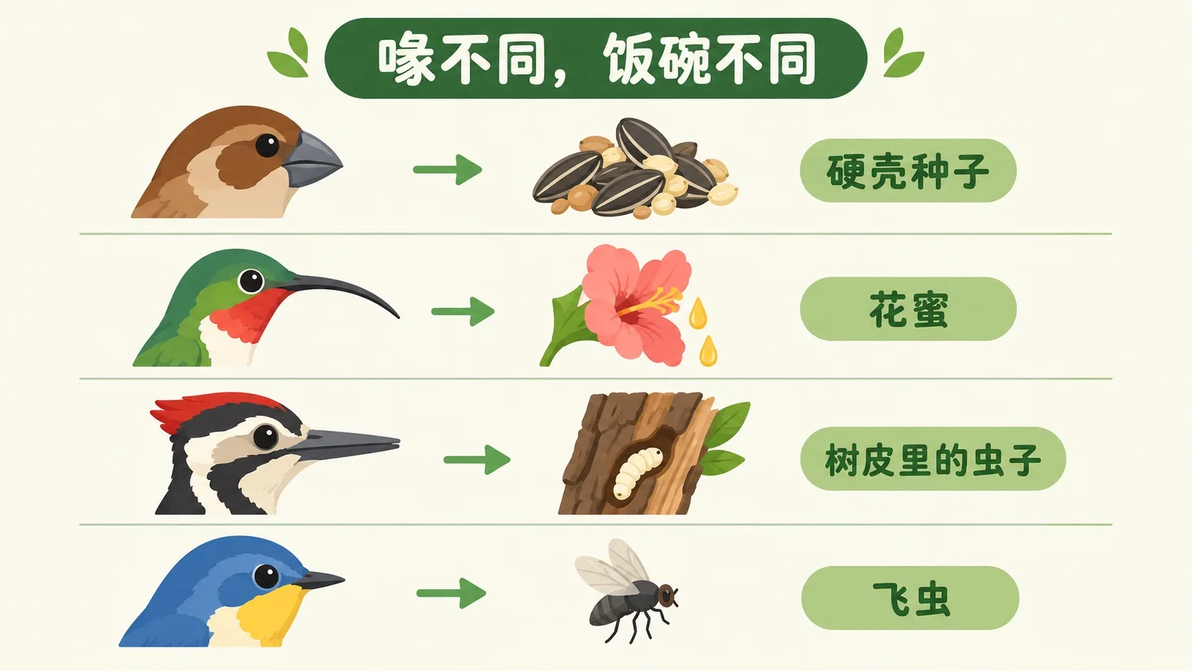 喙不同，饭碗不同：四种喙型匹配四种食物