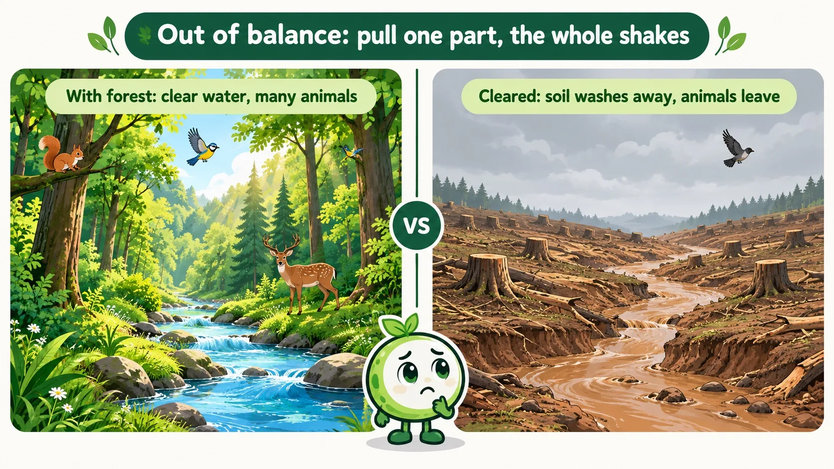森林被砍前后对比：水清动物多 vs 水土流失动物搬家