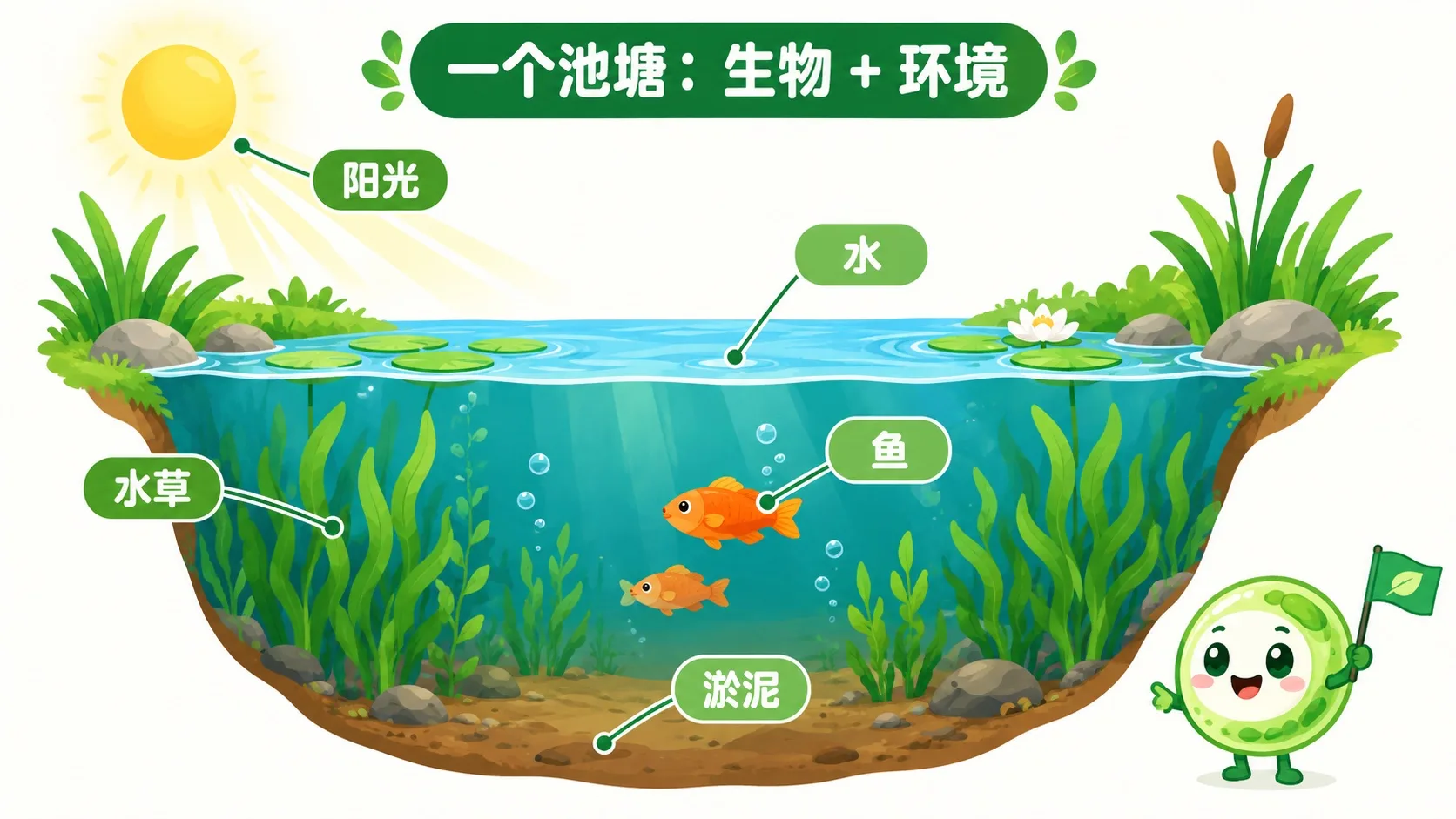 池塘剖面：阳光、水、水草、鱼、淤泥，小细胞导游在旁