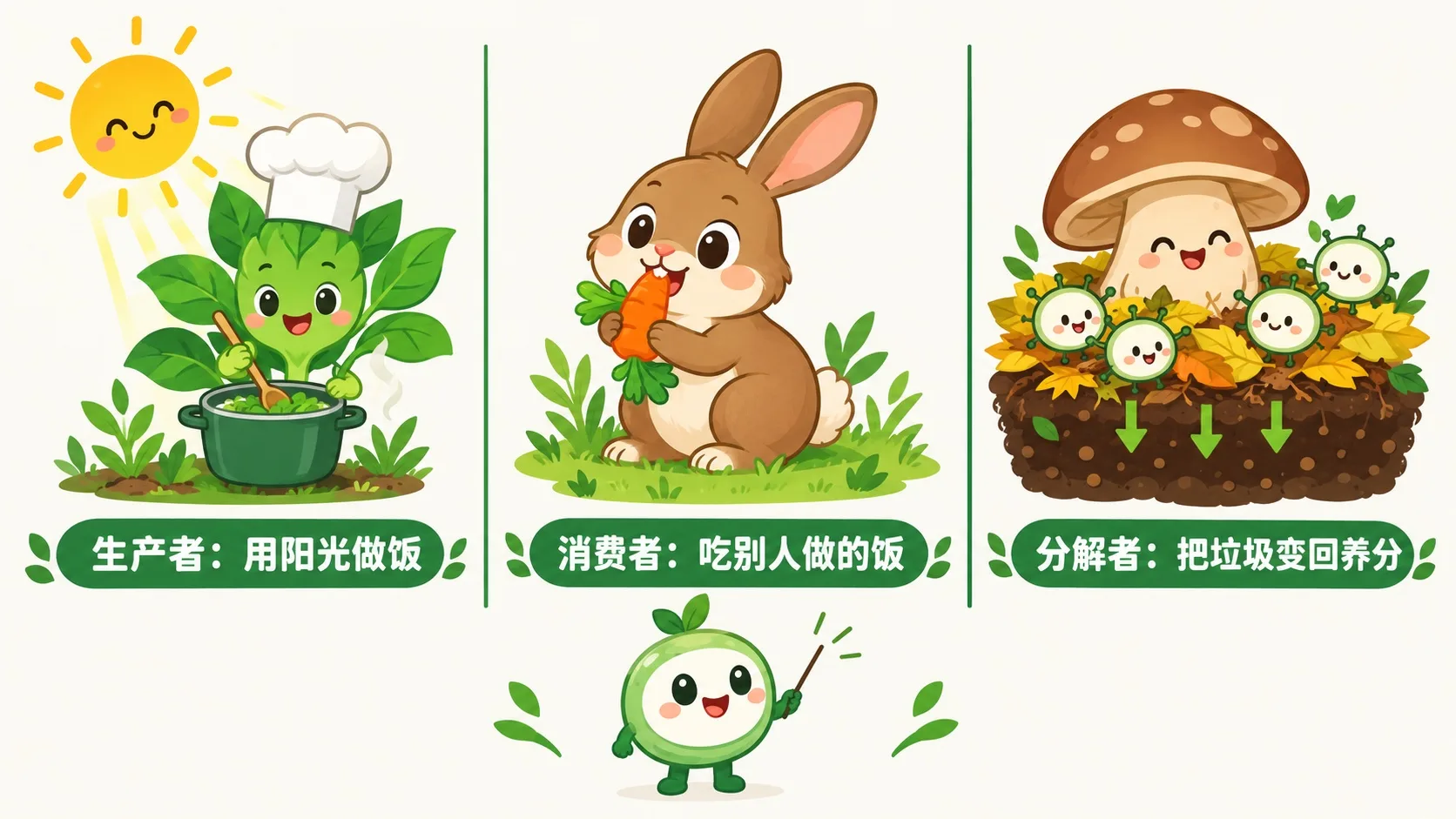 三个工种：生产者用阳光做饭、消费者吃别人做的饭、分解者把垃圾变回养分