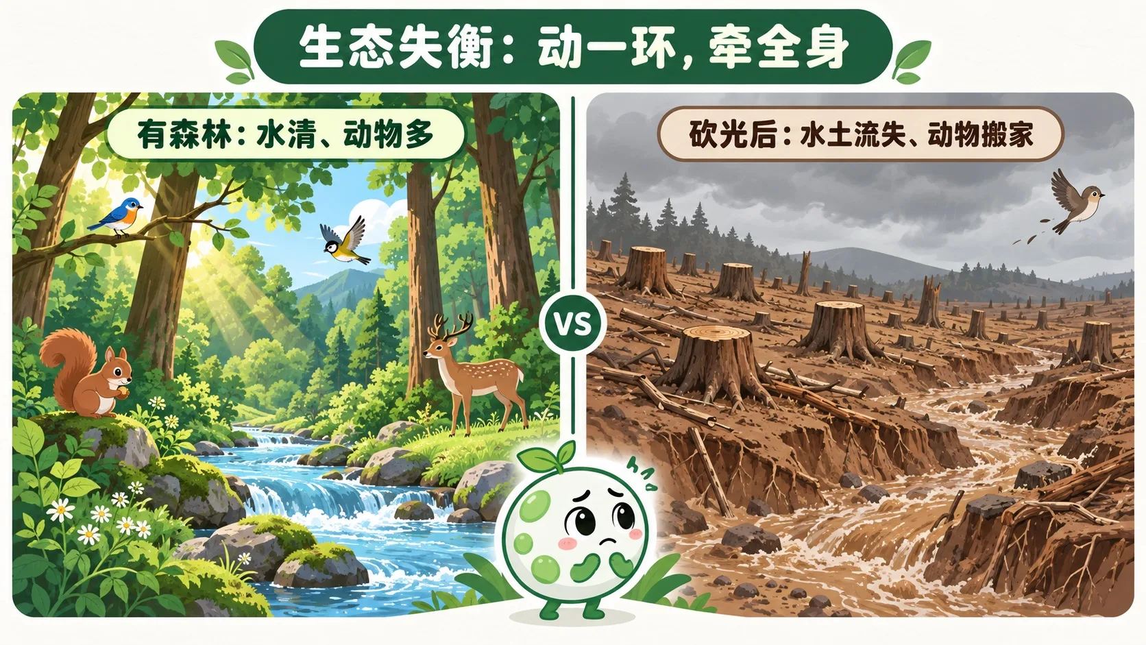 森林被砍前后对比：水清动物多 vs 水土流失动物搬家