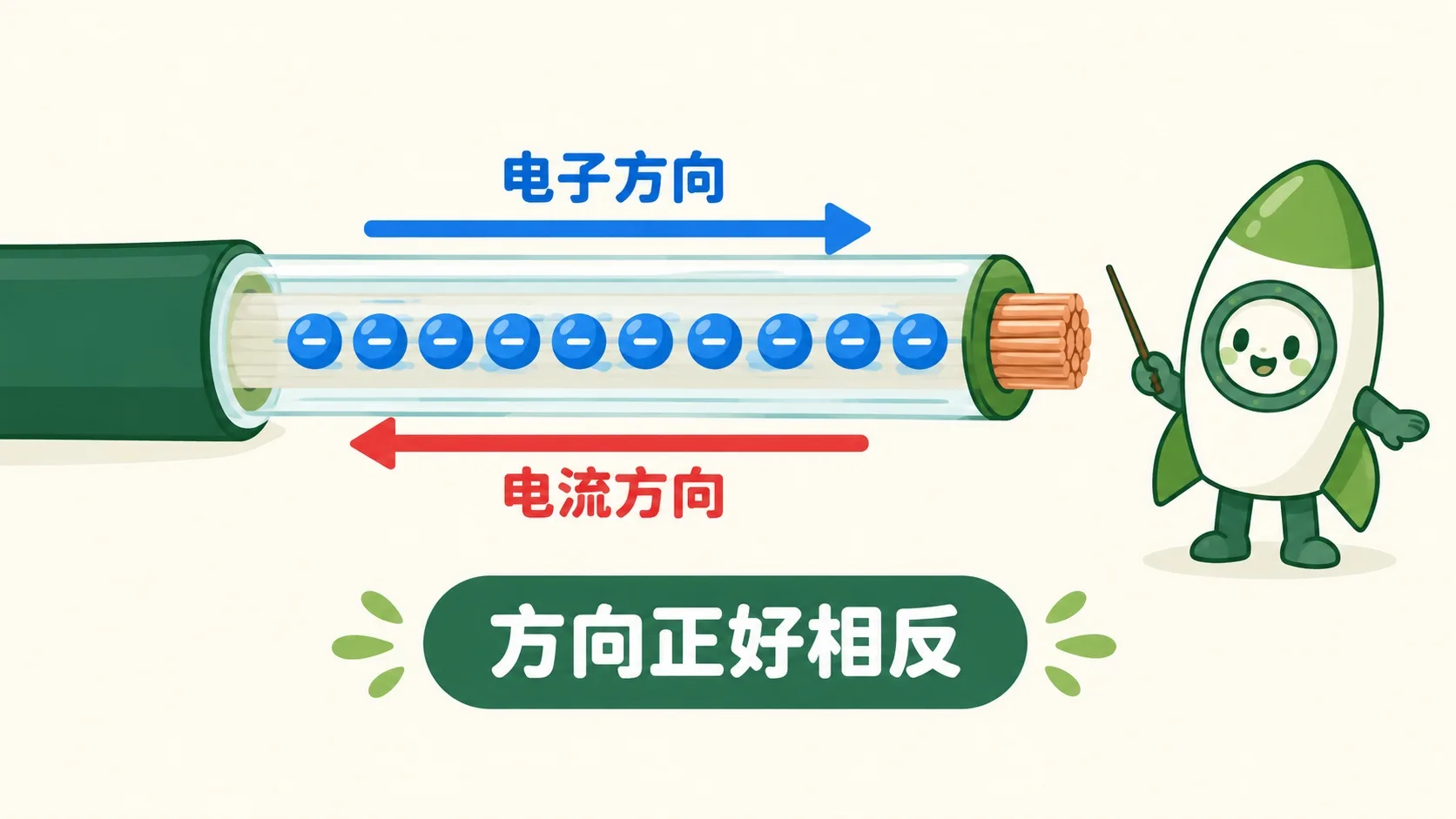 导线里的电子排队走：电子方向与电流方向相反