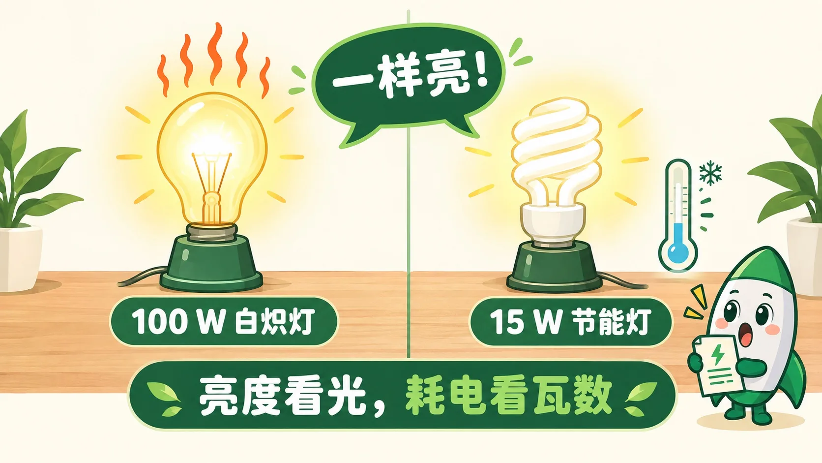 100 W 白炽灯与 15 W 节能灯同样亮