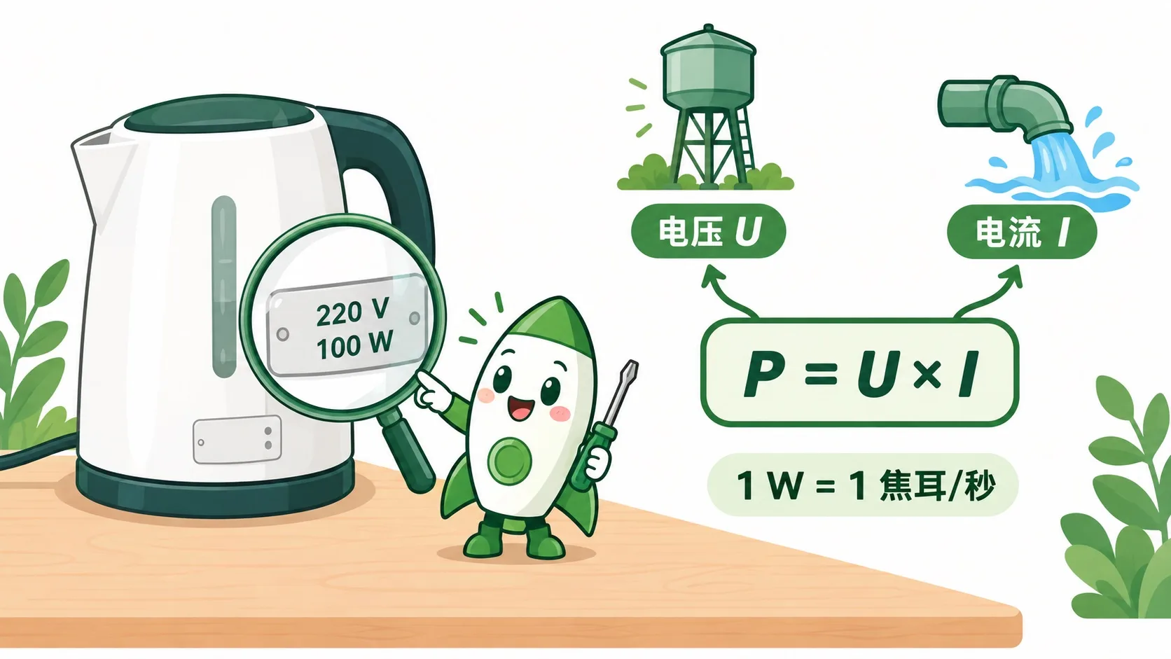 电器铭牌 220 V 100 W 与公式 P = U × I