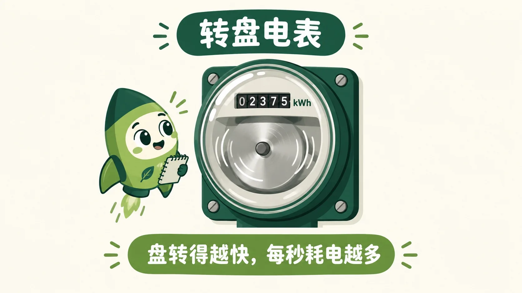 转盘电表：铝盘转得越快，每秒耗电越多