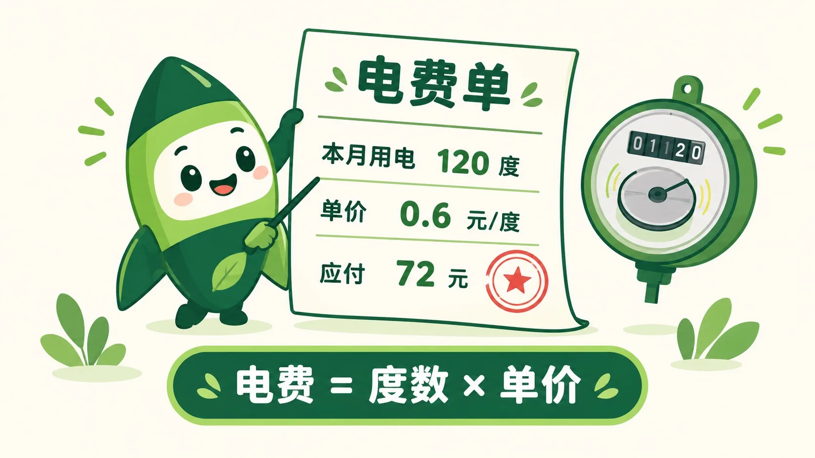 电费单：本月用电 120 度，单价 0.6 元/度，应付 72 元