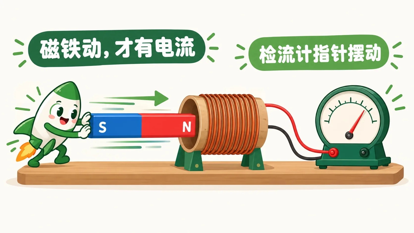 磁铁进出线圈，检流计指针摆动