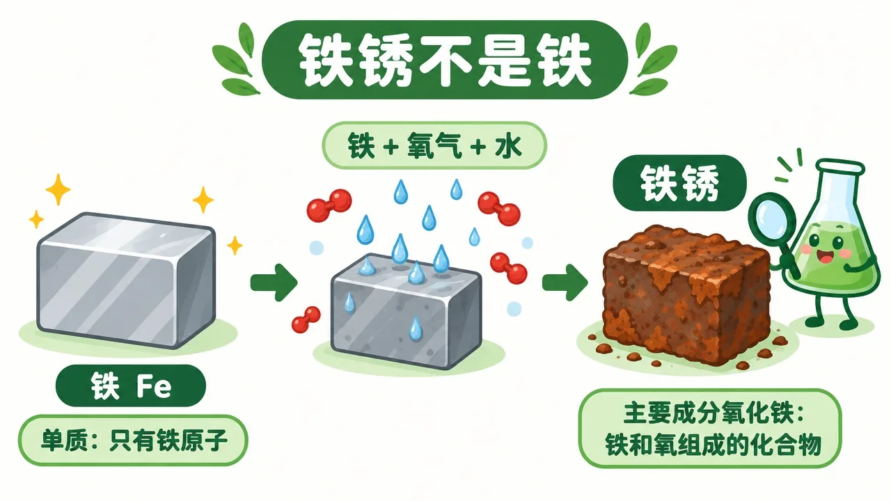 铁块、铁 + 氧气 + 水、铁锈三个阶段