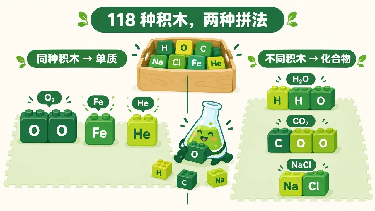 元素积木拼装：同种积木→单质，不同积木→化合物