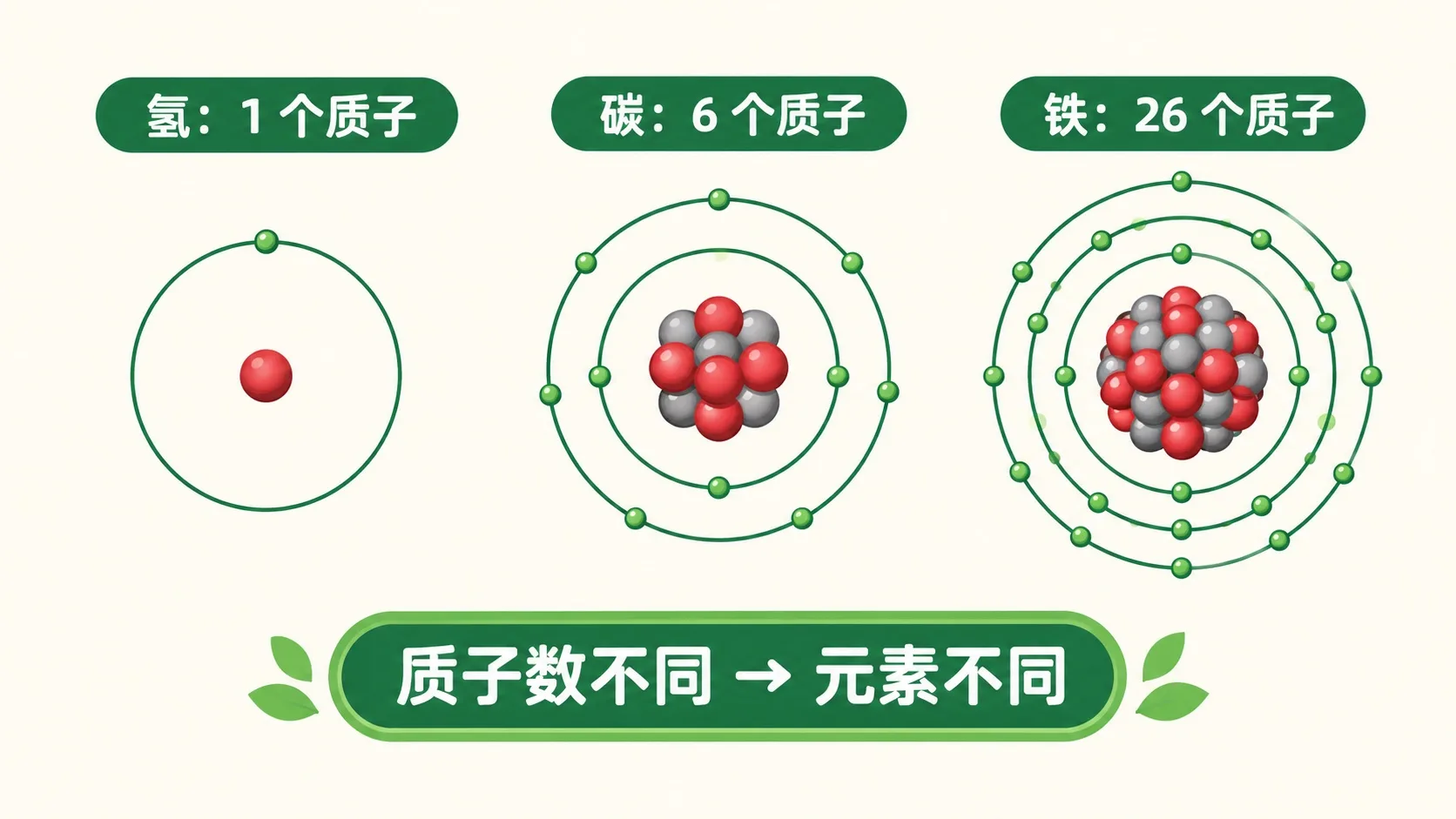 三种原子对比：氢 1 个质子、碳 6 个、铁 26 个