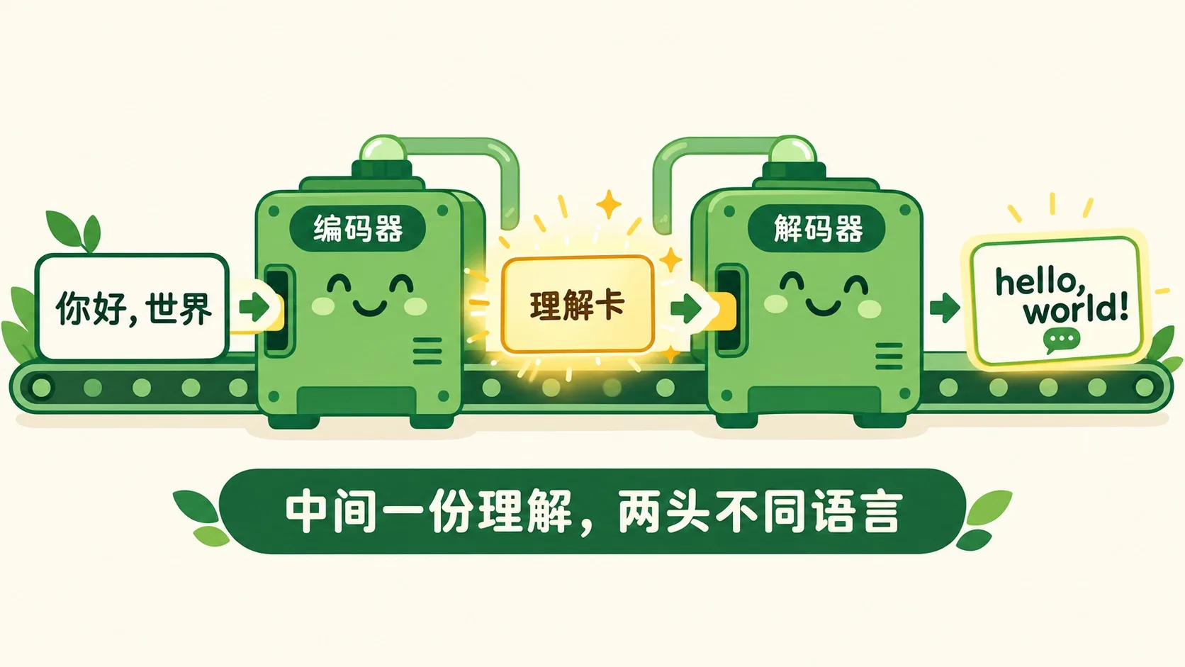 翻译流水线：中文句 → 编码器 → 理解卡 → 解码器 → 英文句