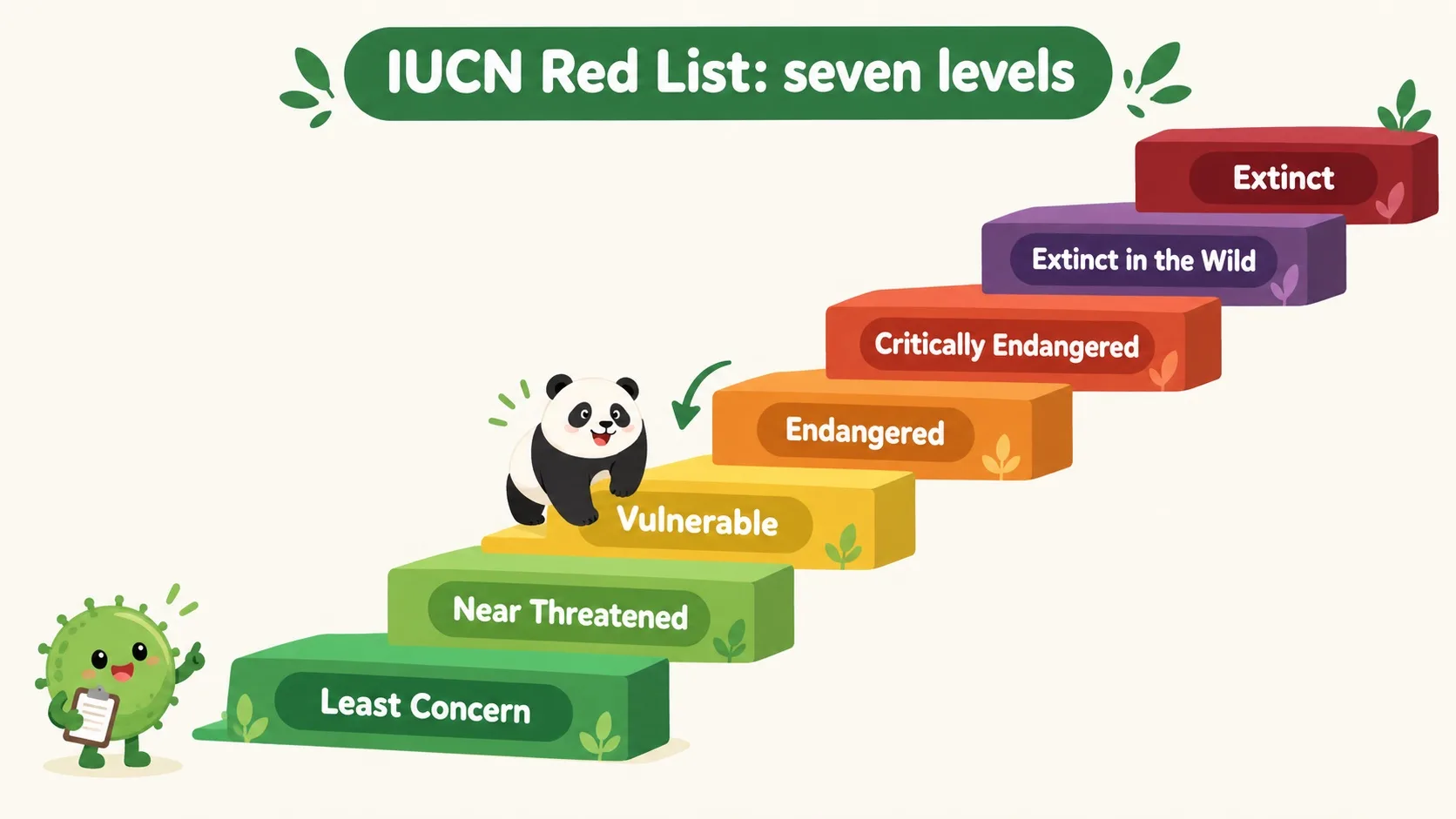 IUCN 红色名录七级阶梯：无危、近危、易危、濒危、极危、野外灭绝、灭绝