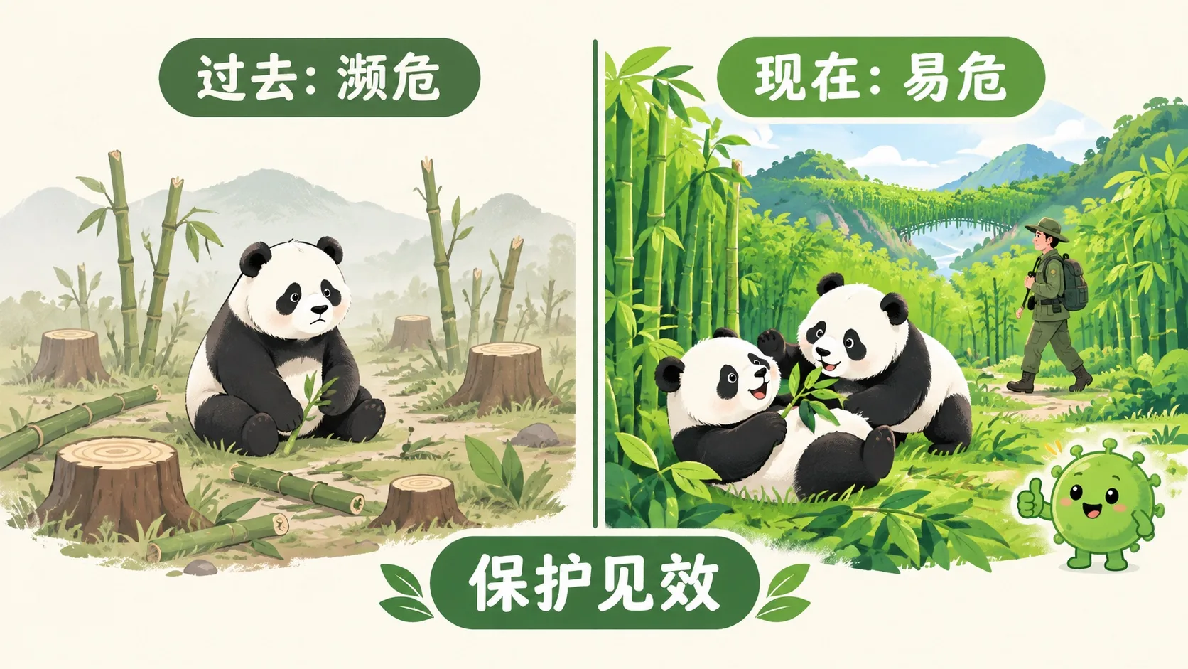 大熊猫保护成效对比：过去濒危的残破竹林与现在易危的保护区竹林廊道