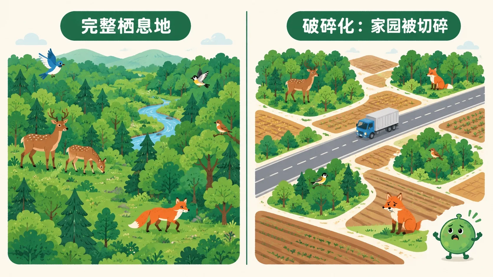 栖息地破碎化对比：完整森林与被公路农田切成碎块的森林
