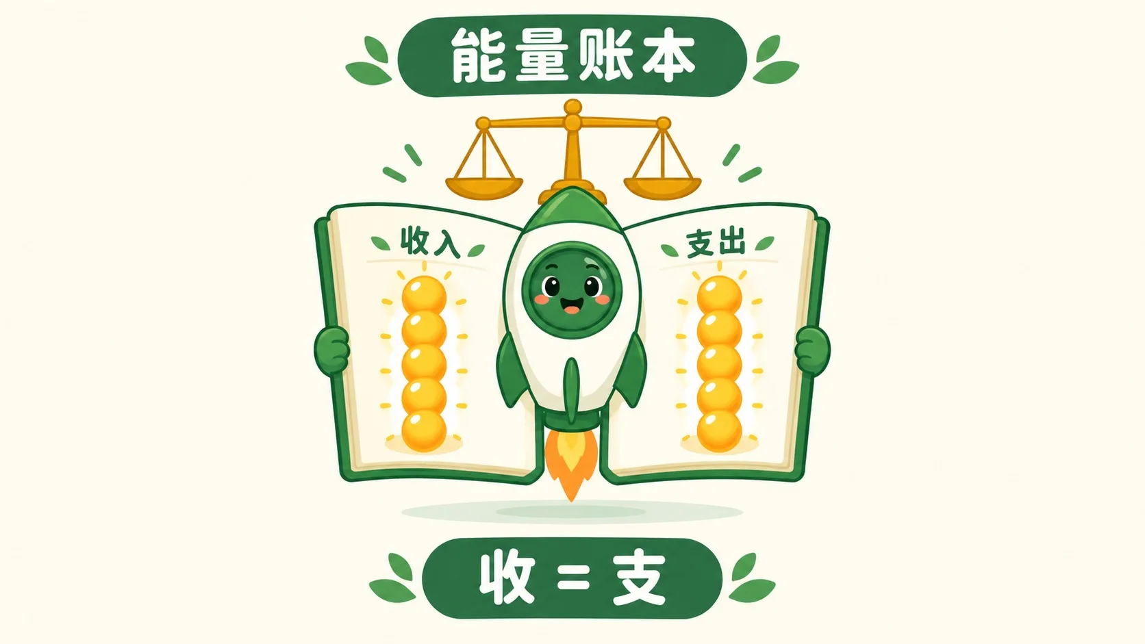 小火箭举着能量账本，收入等于支出