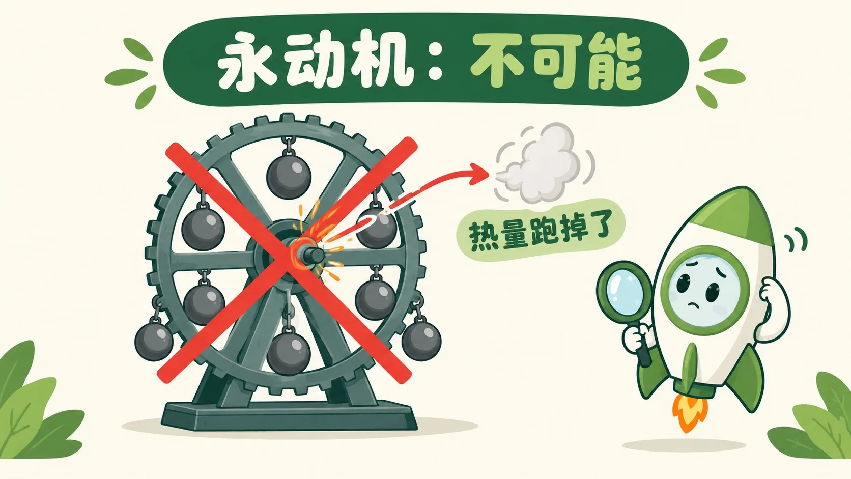 永动机齿轮被红色大叉划掉，热量跑掉了