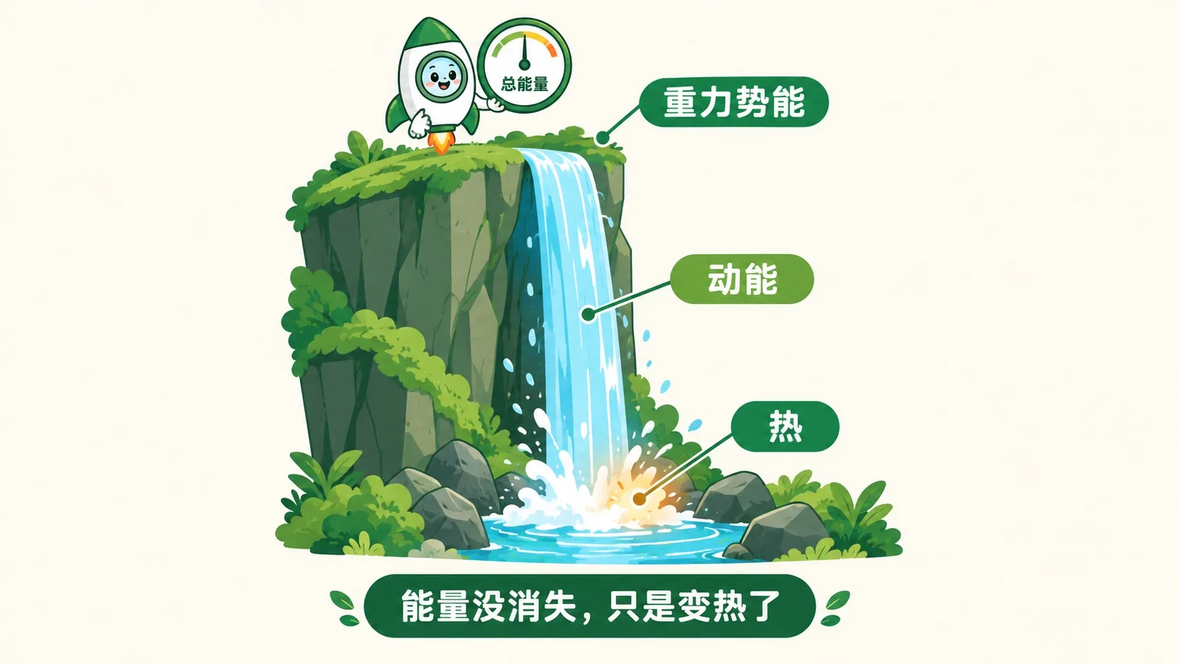 瀑布落下，水花发热，总能量表指针不动