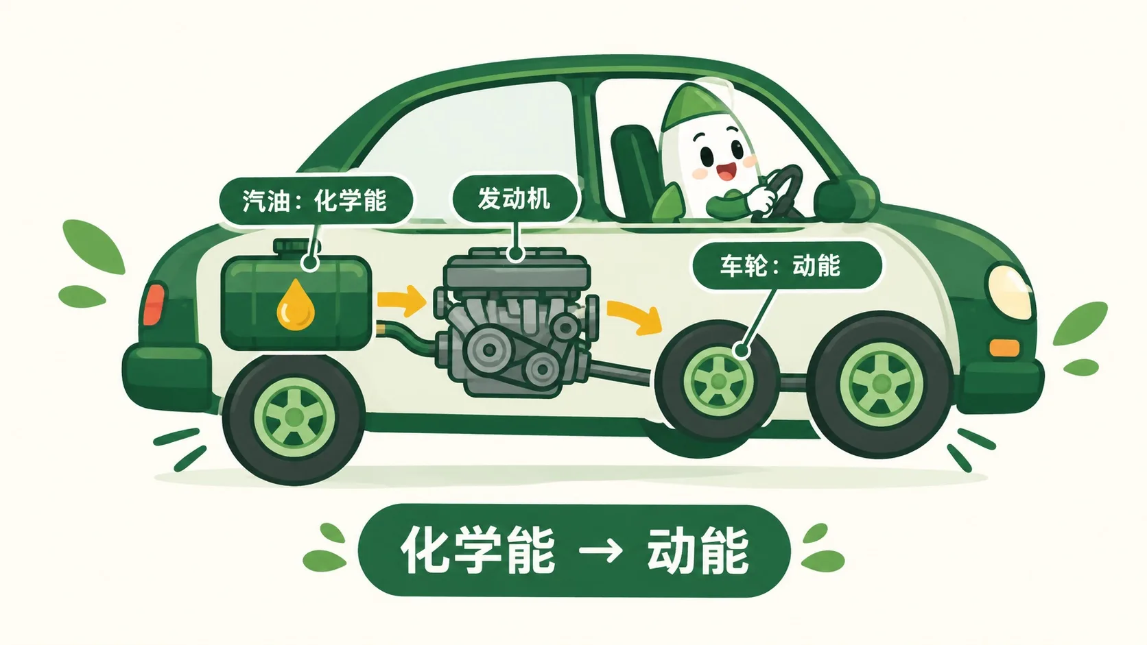汽车：化学能 → 动能