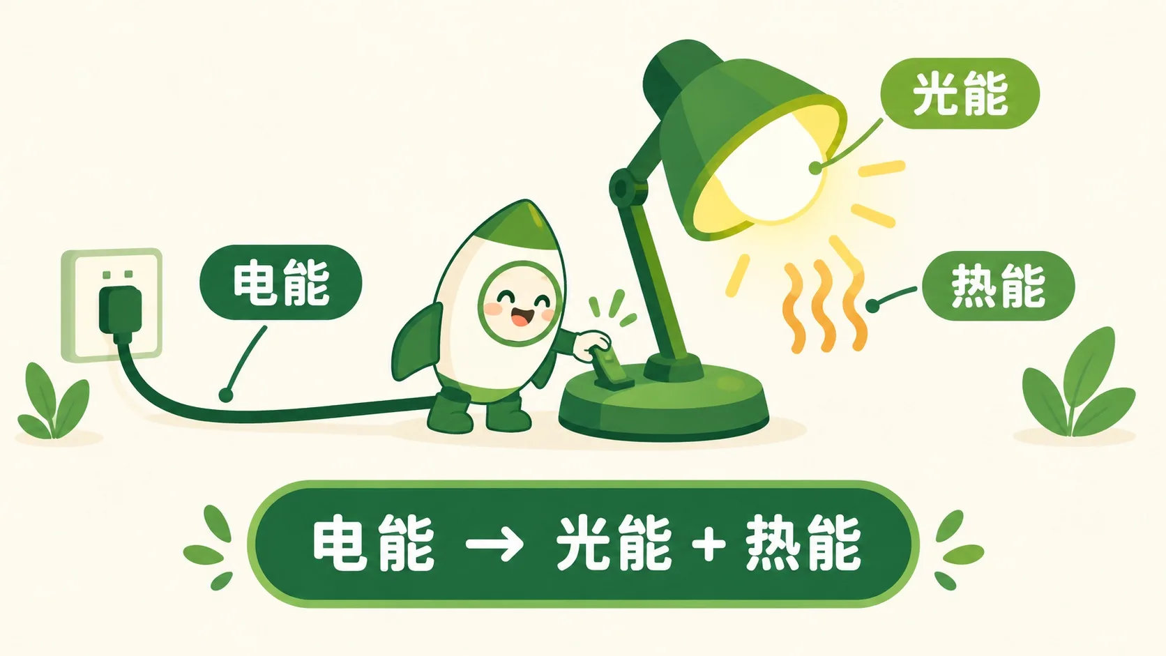 灯泡：电能 → 光能 + 热能