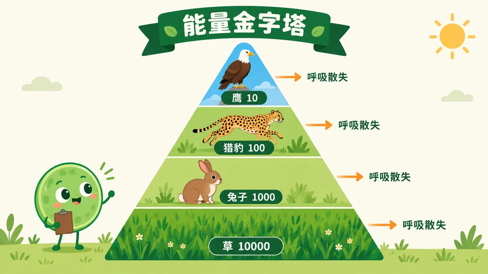 能量金字塔：草地 10000 → 兔子 1000 → 猎豹 100 → 鹰 10