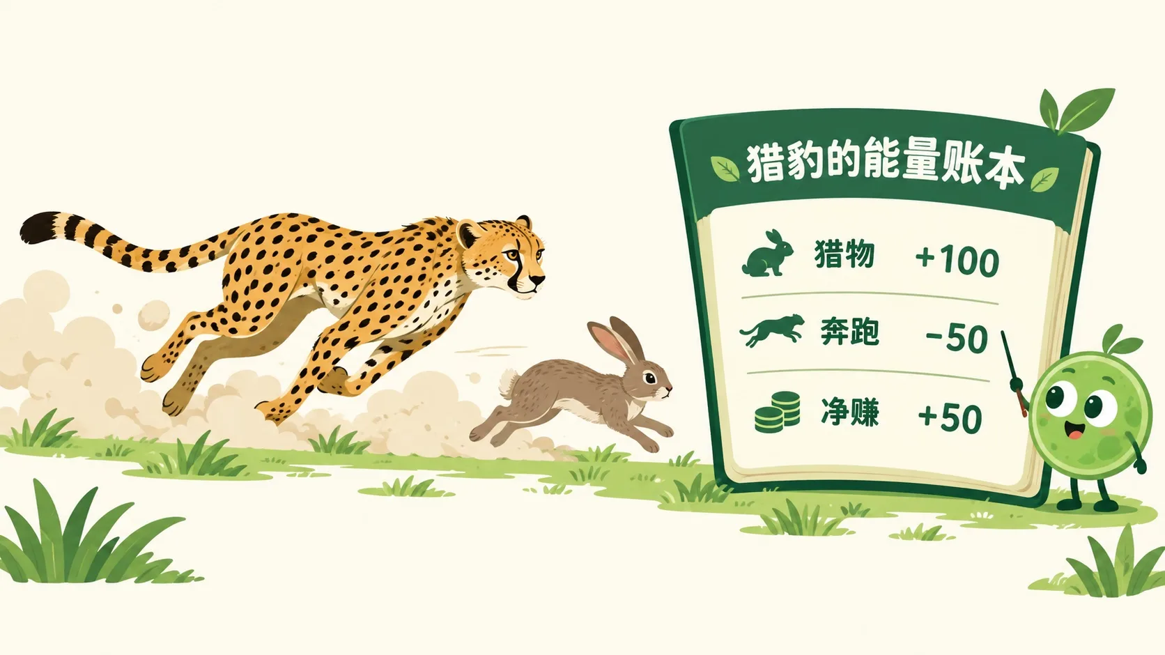 猎豹的能量账本：猎物 +100，奔跑 -50，净赚 +50